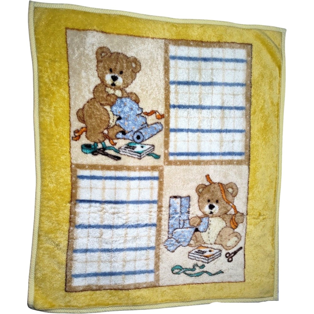 Vtg Teddy Bear Crafts Yellow Blanket SOFT 47x51 Gold